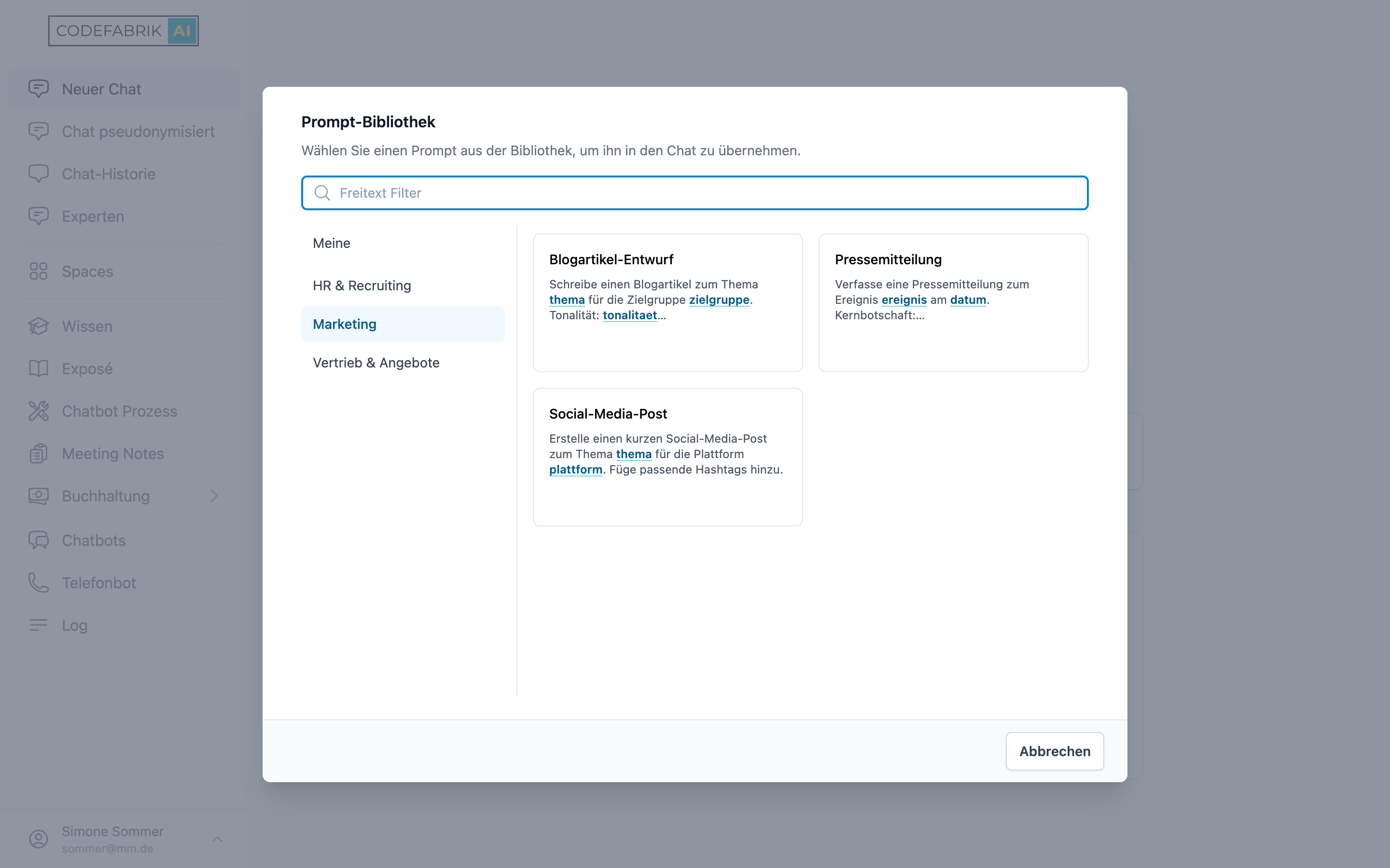Prompt-Auswahl im Chat Prompt-Auswahl im Chat