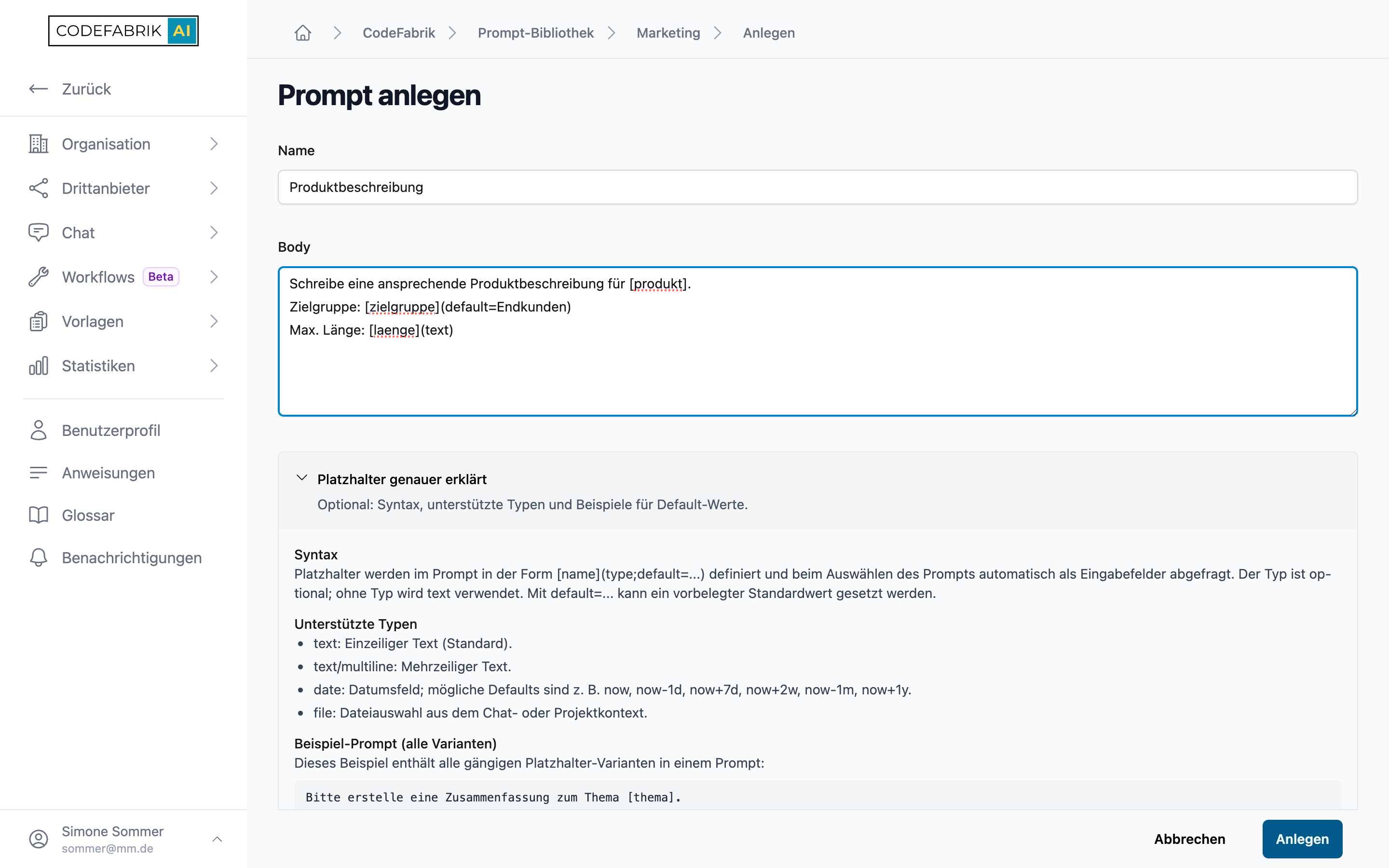 Prompt anlegen mit Platzhalter-Hilfe Prompt anlegen mit Platzhalter-Hilfe