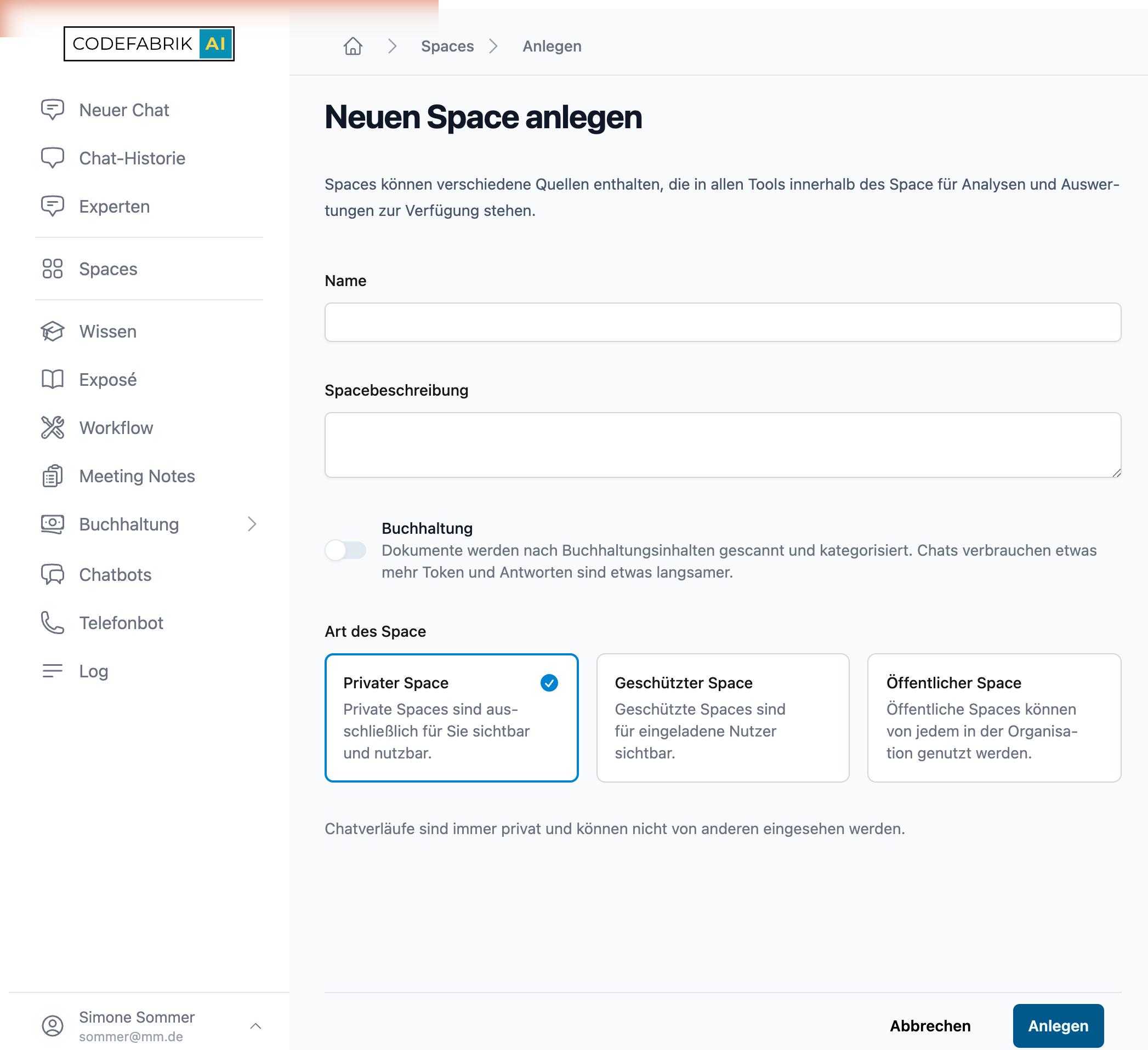 Formular: Neuen Space anlegen Formular: Neuen Space anlegen